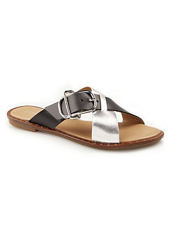 Kaleidoscope Black & Silver Italian Crossover Mule Flat Sandals