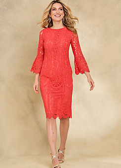 Kaleidoscope Coral Lace Fluted Sleeve Shift Dress
