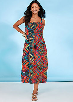 Kaleidoscope Detachable Strap Multi-Coloured Aztec Print Shirred Beach Dress
