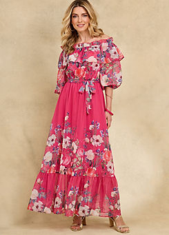 Kaleidoscope Floral Print Bardot Maxi Dress