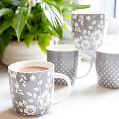 KitchenCraft Porcelain Grey Dot Floral Mug Set