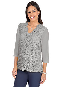 Lace Front Three-Quarter Sleeve V-Neck Top