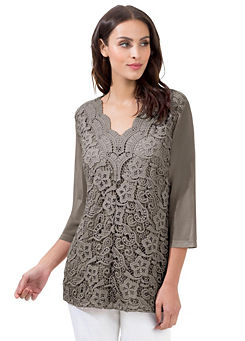 Lace Front Three-Quarter Sleeve V-Neck Top