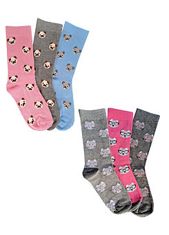 Ladies Pack of 6 Gift Socks with Cat & Dog Motifs