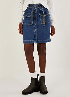Monsoon Denim Button Through Belted Skirt with Sustainable Cotton