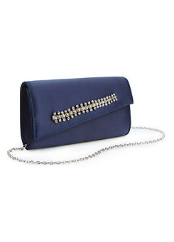 Navy Blue Satin Jewel Trim Clutch Bag