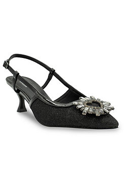 Paradox London Black Glitter Mid Heel Sling Back Court Shoes
