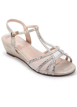 Paradox London Champagne Glitter ’Jilly’ Extra Wide Fit Low Wedge Sandals