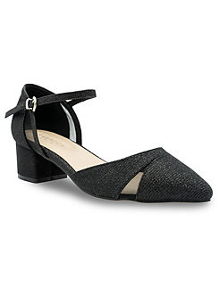 Paradox London Frankie Black Glitter Mid Block Heel Wide Fit Ankle Strap Court Shoes