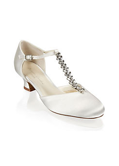 Paradox London ’Alva’ Ivory Satin Crystal T-bar Low Heel Court Shoes