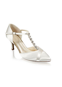 Paradox London ’Anika’ Ivory Satin Mid Heel Crystal T-bar Court Shoes