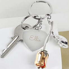 Personalised Silver Plated Heart & Rose Gold Tone Rose Keyring