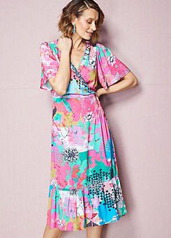 Pink Print Wrap Midi Dress