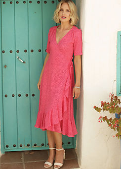 Pomodoro Spot Midi Wrap Dress in Bright Pink