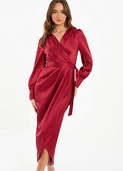 Quiz Berry Satin Long Sleeve Wrap Midi Dress