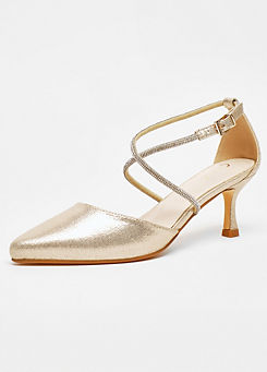 Quiz Gold Shimmer Cross Diamante Low Court Heel Shoes