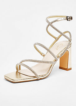 Quiz Gold Shimmer Diamante Strappy Block Heel Sandals