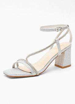 Quiz Silver Diamante Asymmetric Block Heel Sandals