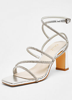 Quiz Silver Shimmer Diamante Strappy Block Heel Sandals