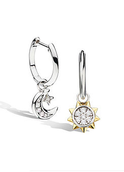 Rhodium Plated Sterling Silver, 18ct Gold Plate and Pavé Cubic Zirconia Céleste Sun & Moon Hoop Drop Earrings by Kit Heath