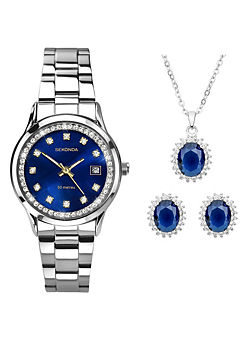 Sekonda Ladies Catherine 3 Piece Gift Set with Blue Mother of Pearl Dial Watch, Blue Glass Pendant & Matching Earrings