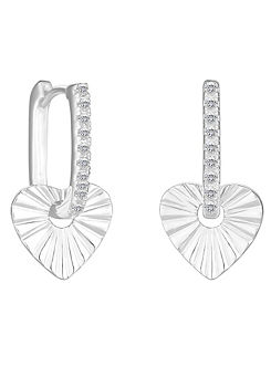 Simply Silver Sterling Silver 925 Polished & Pave Heart Charm Hoop Earrings