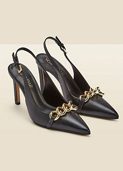 Sosandar Ariana Black Leather Chain Detail Slingback Court Shoes