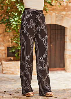 Sosandar Black & White Geometric Print Belted Wide Leg Trousers