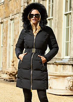 Sosandar Black Faux Fur Trim Luxe Longline Padded Coat
