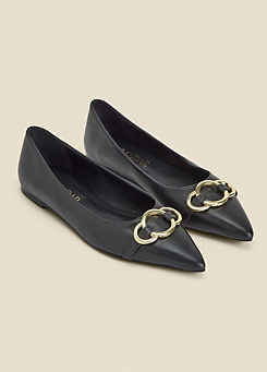 Sosandar Black Leather Pointed Toe Flat Shoes with Gold Trim