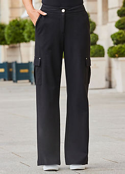 Sosandar Black Super Soft Ponte Wide Leg Trousers with Pocket Detail