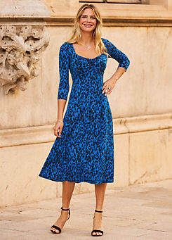 Sosandar Blue & Black Leopard Print Sweetheart Neckline Midi Dress