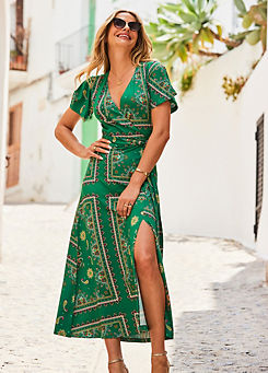 Sosandar Green Scarf Print Faux Wrap Maxi Jersey Dress