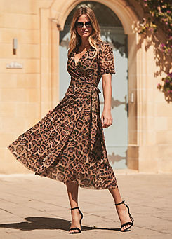 Sosandar Leopard Print Mesh Wrap Jersey Dress