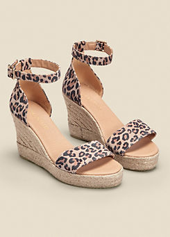 Sosandar Mila Leopard Print Suede Ankle Strap High Wedge Espadrille Sandals