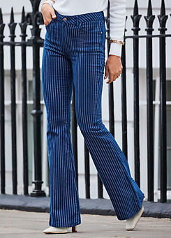 Sosandar Navy Blue & White Pinstripe Kick Flare Jeans