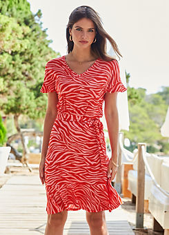 Sosandar Pink & Red Tiger Print Ruffle Hem Tie Waist Jersey Dress