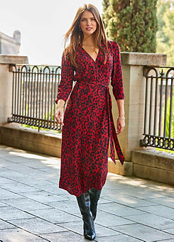 Sosandar Red Animal Print Ruched Sleeve Midi Wrap Dress