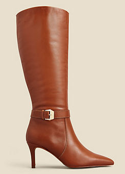Sosandar Tan Leather Buckle Detail Stiletto Heel Knee High Boots