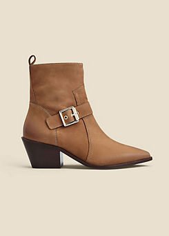 Sosandar Taupe Leather Buckle Detail Western Ankle Boots