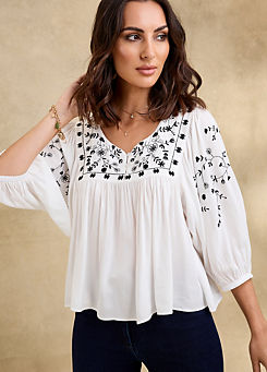 Together White Budapest Embroidered Bib Front Gypsy Top