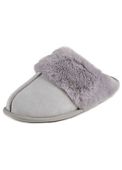 Totes Grey Real Suede Mules with Fur Cuffs