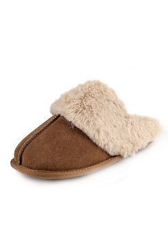 Totes Tan Real Suede Mules with Fur Cuffs