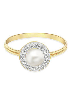 Tuscany Gold 9CT Yellow Gold CZ & 5mm Freshwater Pearl Round Ring