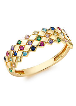 Tuscany Gold 9ct Yellow Gold Multi-Colour Round Cubic Zirconia 5mm Rhombus-Pattern Ring