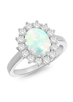 Tuscany Silver Sterling Silver Rhodium Plated Synthetic Opal & White Cubic Zirconia Flower Cluster Ring
