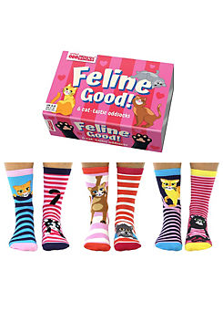 United Oddsocks Ladies Pack of 6 Feline Good Cat-Tastic Odd Socks
