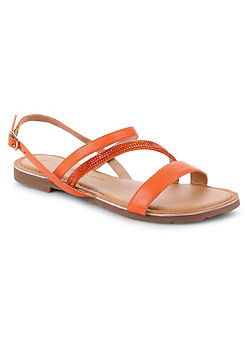 Vibrant Orange Diamante Strap Leather Sandals