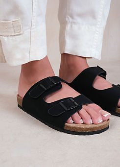 Where’s That From Willow Black Nubuck Two Strap Buckle Flat Sandals