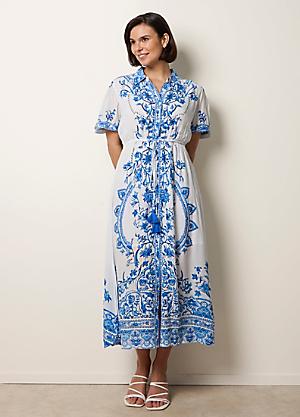 blue vanilla dresses Blue | Swirl Print Pleated Round Neck Dress
